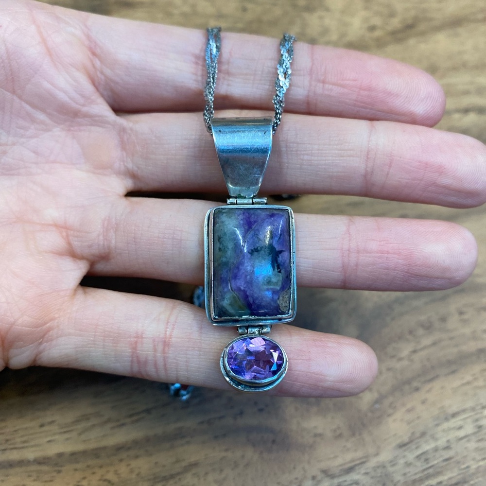 Chaorite and amethyst gemstone silver pendant with braided silver chain
